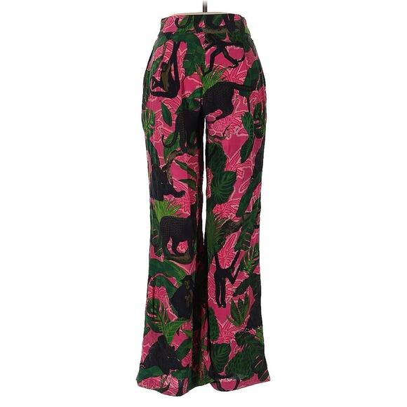 La Fuori Pink Leopard Jungle Tropical 100% Silk Pants Small - Picture 2 of 5